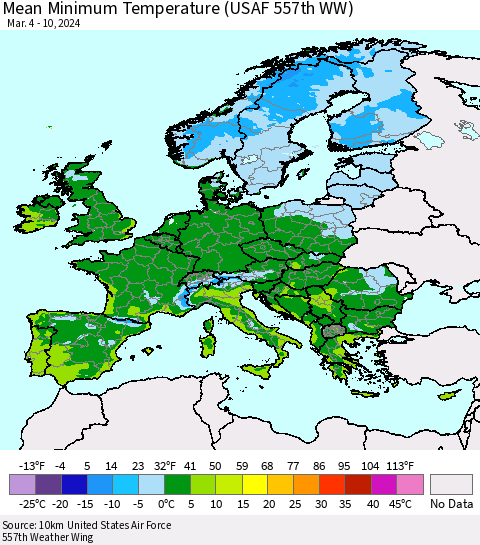 Europe Mean Minimum Temperature (USAF 557th WW) Thematic Map For 3/4/2024 - 3/10/2024