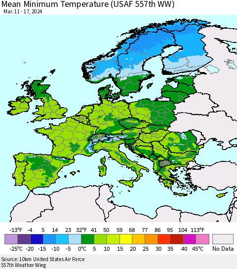 Europe Mean Minimum Temperature (USAF 557th WW) Thematic Map For 3/11/2024 - 3/17/2024