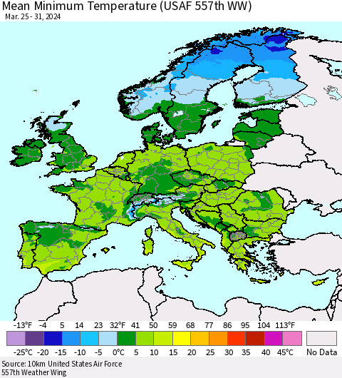 Europe Mean Minimum Temperature (USAF 557th WW) Thematic Map For 3/25/2024 - 3/31/2024