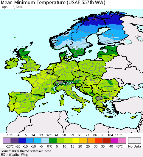 Europe Mean Minimum Temperature (USAF 557th WW) Thematic Map For 4/1/2024 - 4/7/2024