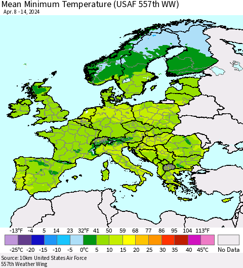 Europe Mean Minimum Temperature (USAF 557th WW) Thematic Map For 4/8/2024 - 4/14/2024