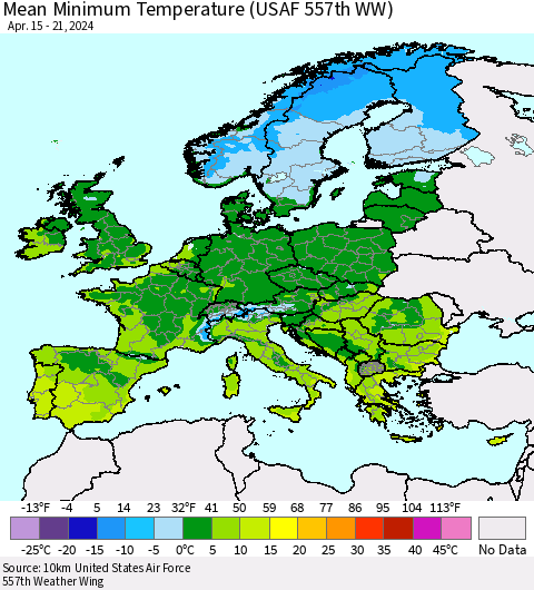 Europe Mean Minimum Temperature (USAF 557th WW) Thematic Map For 4/15/2024 - 4/21/2024