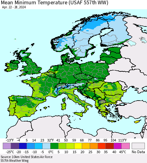 Europe Mean Minimum Temperature (USAF 557th WW) Thematic Map For 4/22/2024 - 4/28/2024