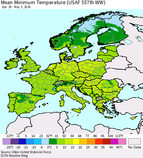 Europe Mean Minimum Temperature (USAF 557th WW) Thematic Map For 4/29/2024 - 5/5/2024