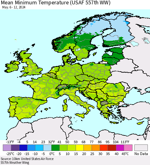 Europe Mean Minimum Temperature (USAF 557th WW) Thematic Map For 5/6/2024 - 5/12/2024