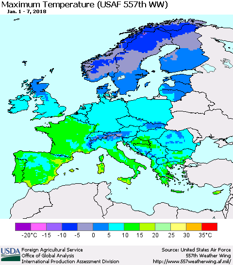 Europe Mean Maximum Temperature (USAF 557th WW) Thematic Map For 1/1/2018 - 1/7/2018