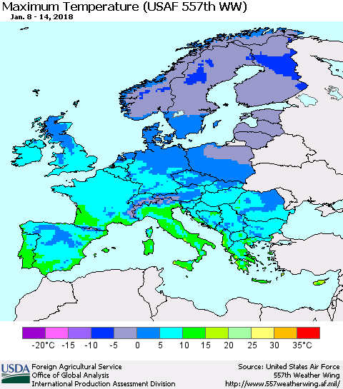 Europe Mean Maximum Temperature (USAF 557th WW) Thematic Map For 1/8/2018 - 1/14/2018