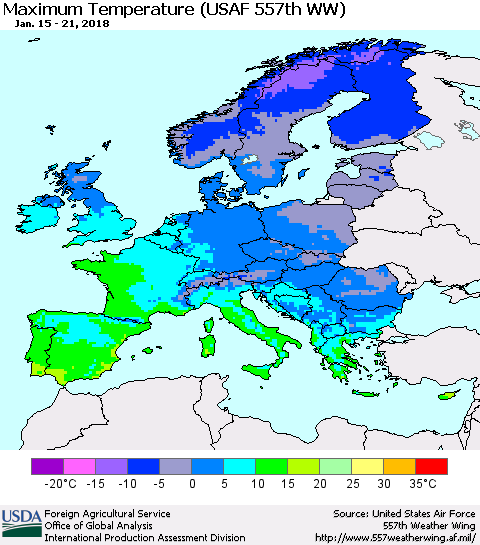Europe Mean Maximum Temperature (USAF 557th WW) Thematic Map For 1/15/2018 - 1/21/2018