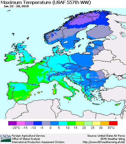 Europe Mean Maximum Temperature (USAF 557th WW) Thematic Map For 1/22/2018 - 1/28/2018