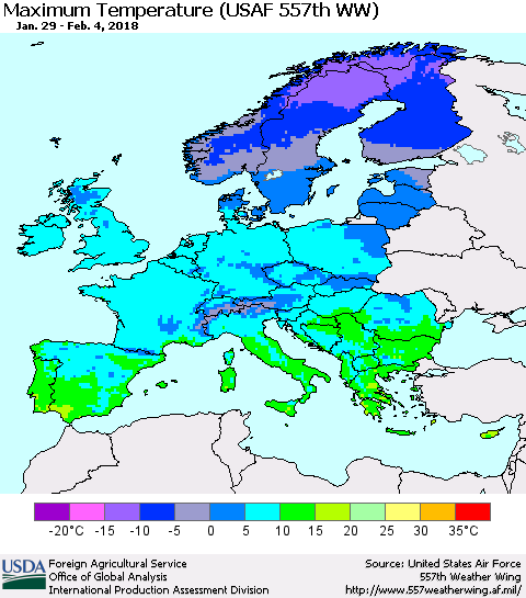 Europe Mean Maximum Temperature (USAF 557th WW) Thematic Map For 1/29/2018 - 2/4/2018