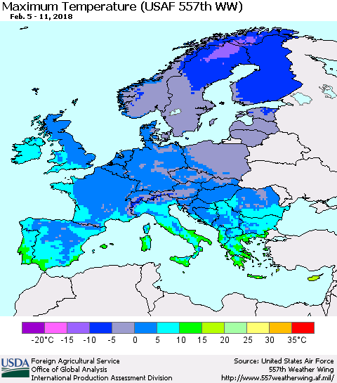Europe Mean Maximum Temperature (USAF 557th WW) Thematic Map For 2/5/2018 - 2/11/2018
