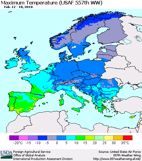 Europe Mean Maximum Temperature (USAF 557th WW) Thematic Map For 2/12/2018 - 2/18/2018