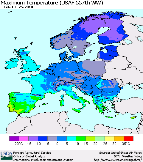 Europe Mean Maximum Temperature (USAF 557th WW) Thematic Map For 2/19/2018 - 2/25/2018
