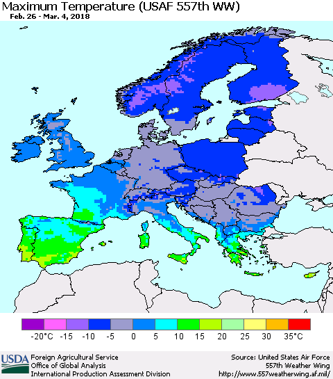 Europe Mean Maximum Temperature (USAF 557th WW) Thematic Map For 2/26/2018 - 3/4/2018