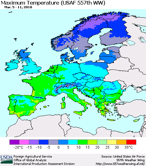 Europe Mean Maximum Temperature (USAF 557th WW) Thematic Map For 3/5/2018 - 3/11/2018