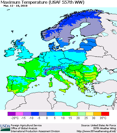 Europe Mean Maximum Temperature (USAF 557th WW) Thematic Map For 3/12/2018 - 3/18/2018