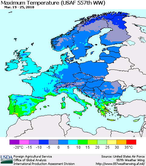 Europe Mean Maximum Temperature (USAF 557th WW) Thematic Map For 3/19/2018 - 3/25/2018