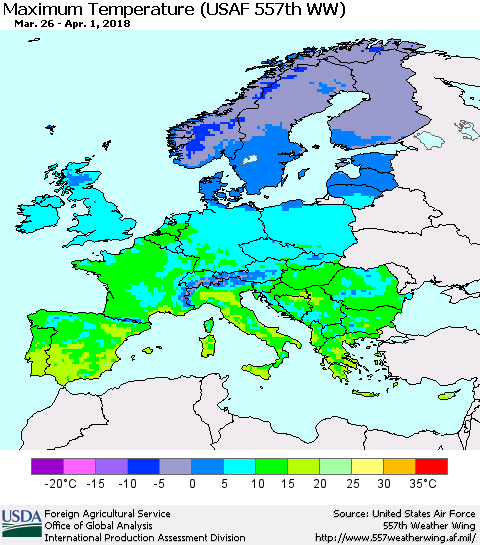 Europe Mean Maximum Temperature (USAF 557th WW) Thematic Map For 3/26/2018 - 4/1/2018