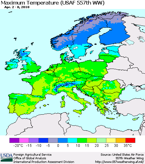 Europe Mean Maximum Temperature (USAF 557th WW) Thematic Map For 4/2/2018 - 4/8/2018