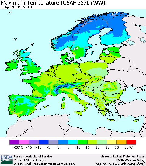 Europe Mean Maximum Temperature (USAF 557th WW) Thematic Map For 4/9/2018 - 4/15/2018