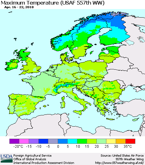Europe Mean Maximum Temperature (USAF 557th WW) Thematic Map For 4/16/2018 - 4/22/2018