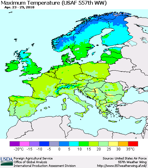 Europe Mean Maximum Temperature (USAF 557th WW) Thematic Map For 4/23/2018 - 4/29/2018