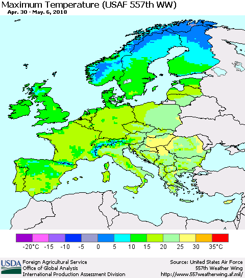 Europe Mean Maximum Temperature (USAF 557th WW) Thematic Map For 4/30/2018 - 5/6/2018