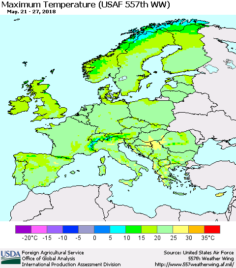 Europe Mean Maximum Temperature (USAF 557th WW) Thematic Map For 5/21/2018 - 5/27/2018