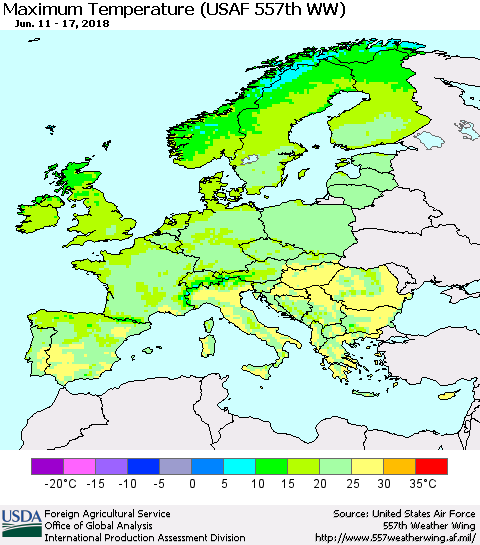 Europe Mean Maximum Temperature (USAF 557th WW) Thematic Map For 6/11/2018 - 6/17/2018