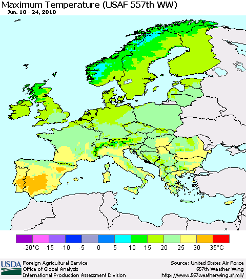 Europe Mean Maximum Temperature (USAF 557th WW) Thematic Map For 6/18/2018 - 6/24/2018