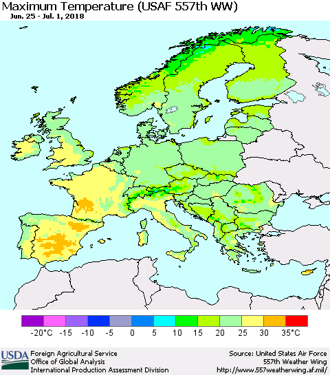 Europe Mean Maximum Temperature (USAF 557th WW) Thematic Map For 6/25/2018 - 7/1/2018