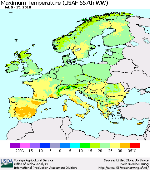 Europe Mean Maximum Temperature (USAF 557th WW) Thematic Map For 7/9/2018 - 7/15/2018