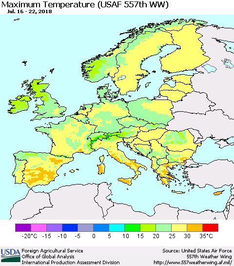 Europe Mean Maximum Temperature (USAF 557th WW) Thematic Map For 7/16/2018 - 7/22/2018