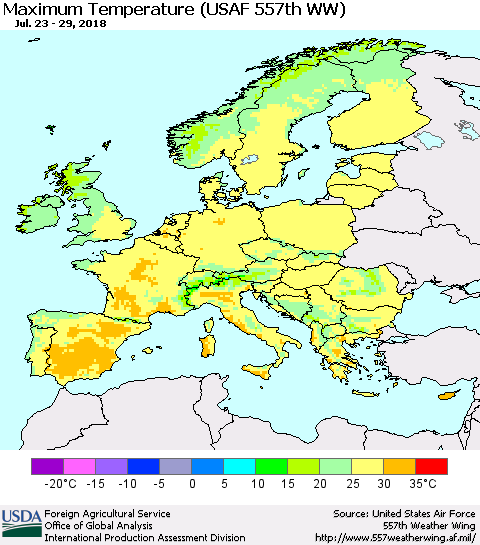 Europe Mean Maximum Temperature (USAF 557th WW) Thematic Map For 7/23/2018 - 7/29/2018