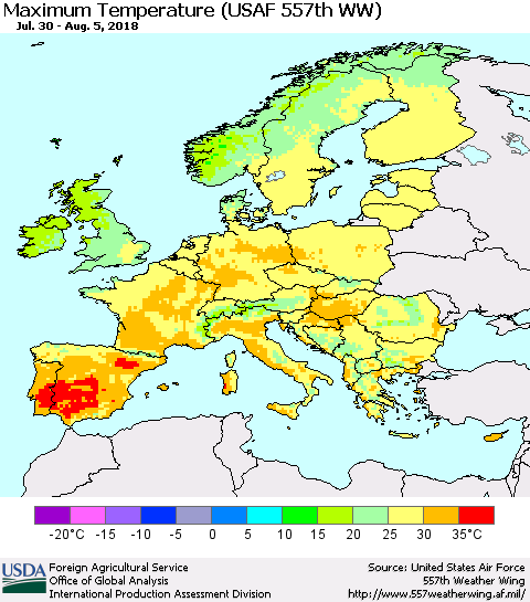 Europe Mean Maximum Temperature (USAF 557th WW) Thematic Map For 7/30/2018 - 8/5/2018