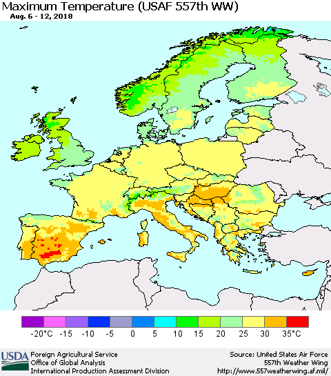Europe Mean Maximum Temperature (USAF 557th WW) Thematic Map For 8/6/2018 - 8/12/2018