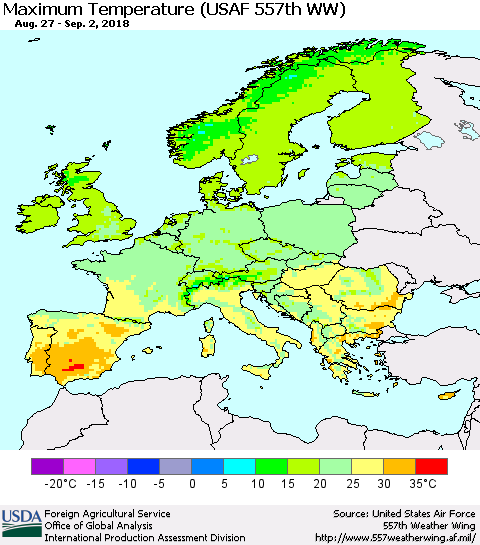 Europe Mean Maximum Temperature (USAF 557th WW) Thematic Map For 8/27/2018 - 9/2/2018