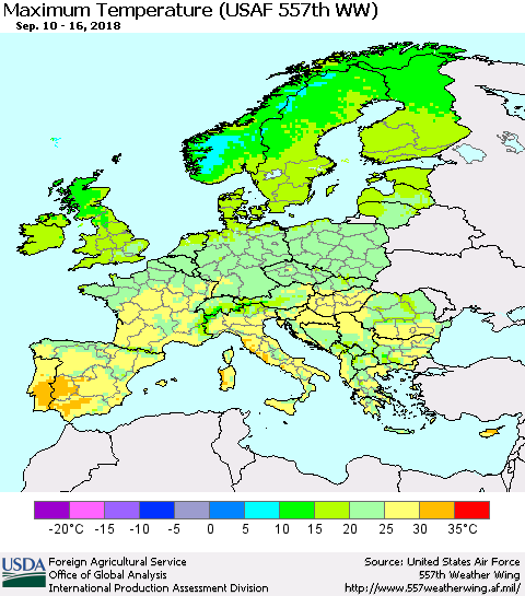 Europe Mean Maximum Temperature (USAF 557th WW) Thematic Map For 9/10/2018 - 9/16/2018