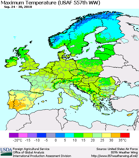Europe Mean Maximum Temperature (USAF 557th WW) Thematic Map For 9/24/2018 - 9/30/2018