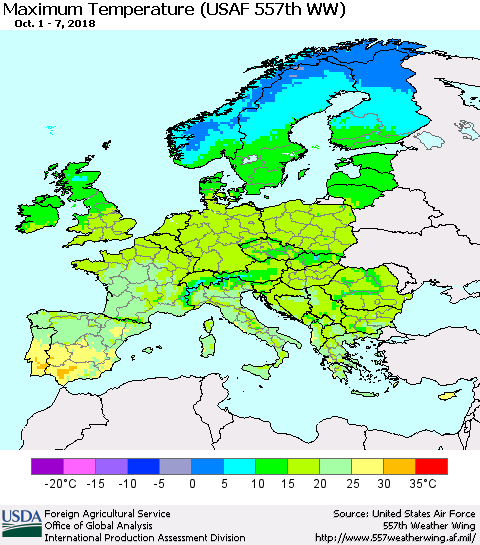 Europe Mean Maximum Temperature (USAF 557th WW) Thematic Map For 10/1/2018 - 10/7/2018