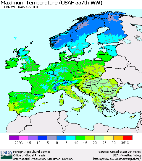 Europe Mean Maximum Temperature (USAF 557th WW) Thematic Map For 10/29/2018 - 11/4/2018