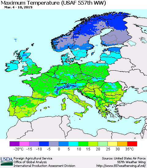 Europe Mean Maximum Temperature (USAF 557th WW) Thematic Map For 3/4/2019 - 3/10/2019