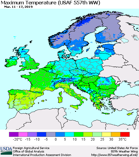 Europe Mean Maximum Temperature (USAF 557th WW) Thematic Map For 3/11/2019 - 3/17/2019