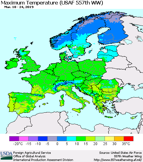 Europe Mean Maximum Temperature (USAF 557th WW) Thematic Map For 3/18/2019 - 3/24/2019