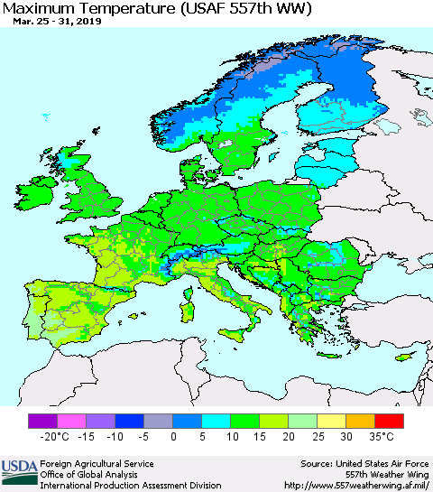 Europe Mean Maximum Temperature (USAF 557th WW) Thematic Map For 3/25/2019 - 3/31/2019