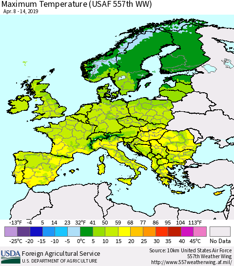 Europe Mean Maximum Temperature (USAF 557th WW) Thematic Map For 4/8/2019 - 4/14/2019