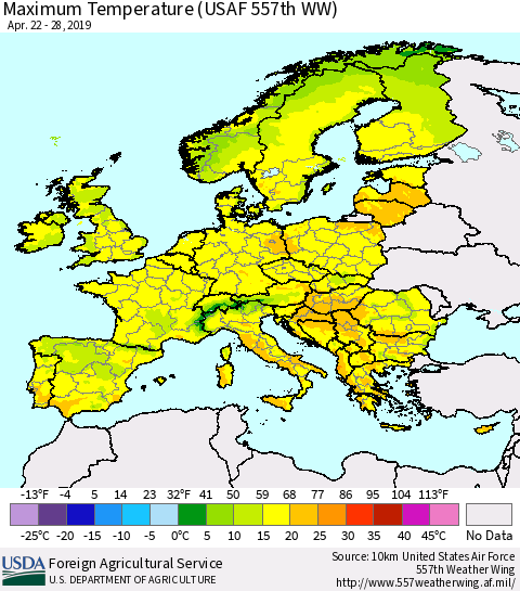 Europe Mean Maximum Temperature (USAF 557th WW) Thematic Map For 4/22/2019 - 4/28/2019