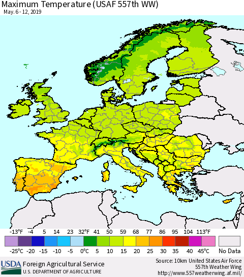 Europe Mean Maximum Temperature (USAF 557th WW) Thematic Map For 5/6/2019 - 5/12/2019