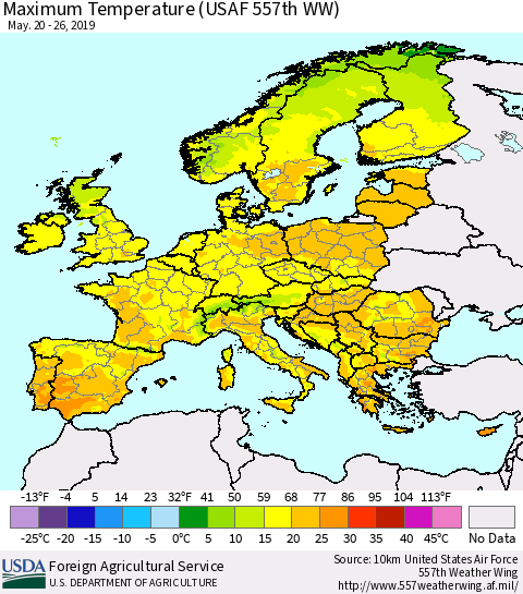 Europe Mean Maximum Temperature (USAF 557th WW) Thematic Map For 5/20/2019 - 5/26/2019