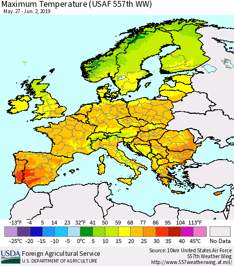 Europe Mean Maximum Temperature (USAF 557th WW) Thematic Map For 5/27/2019 - 6/2/2019